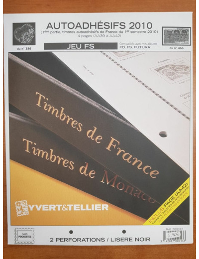 FEUILLE COMPLEMENTAIRE FRANCE FS 2010 1ere partie AUTOADHESIFS YVERT