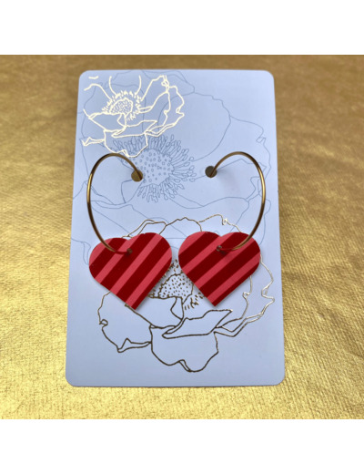 Boucles d'oreilles créoles coeur fond rouge rayures rose