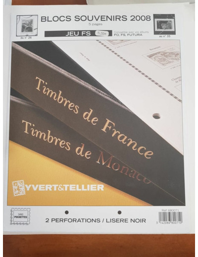 FEUILLE COMPLEMENTAIRE BLOC SOUVENIR FS 2008 (SANS POCHETTE) YVERT ET TELLIER