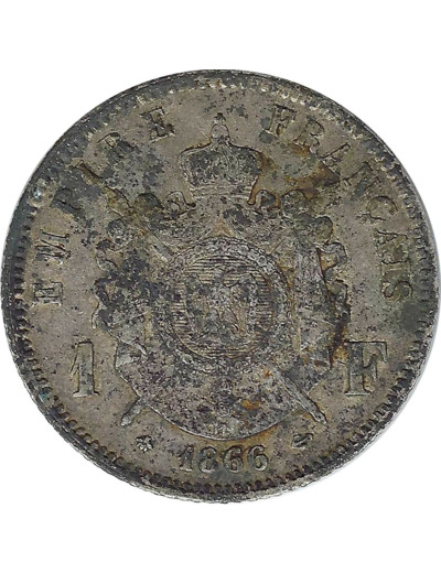 FRANCE 1 FRANC NAPOLEON III TETE LAUREE 1866 A (Paris) TTB taches