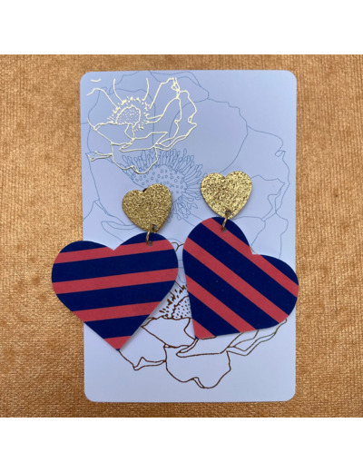 Boucles d'oreilles coeur coloris bleu rayures roses