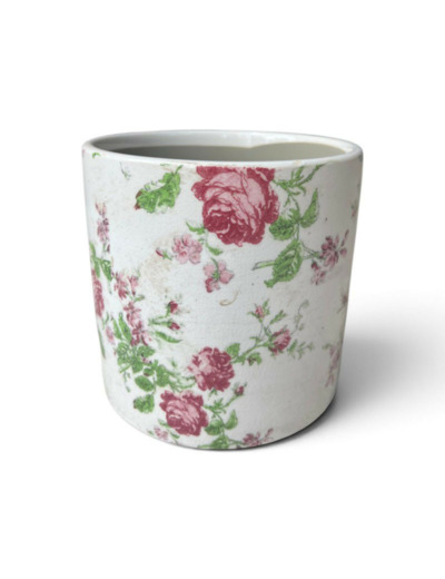 Pot motif florale rose céramique beigne 14x14x13cm