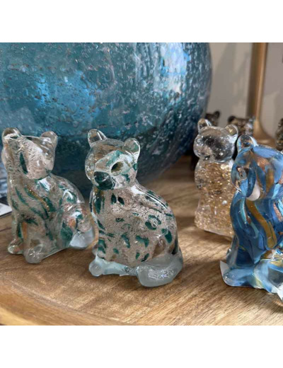 Décoration chat verre doré vert émeraude 7x6x10cm