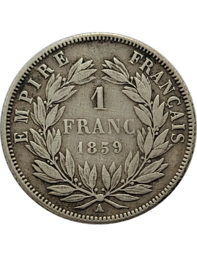 FRANCE 1 FRANC NAPOLEON III tête nue 1859 A (Paris) TB+ (G460)