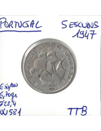 PORTUGAL 5 ESCUDOS 1947 TTB