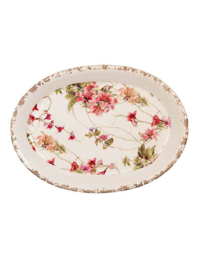 Assiette décorative beige céramique fleurs 25x18x3cm