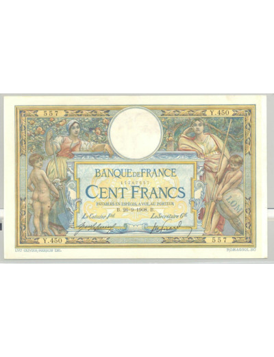 FRANCE 100 FRANCS L.O.M avec LOM SERIE Y.450 26-9-1908 SUP-