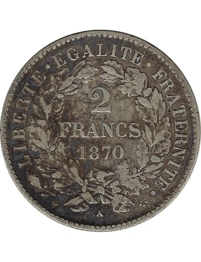 FRANCE 2 FRANCS CERES 1870 A (Paris) petit A TB+ (G530)