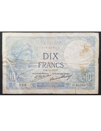 FRANCE 10 FRANCS MINERVE 23-11-1927 SERIE U.45399 TB+ F 06/12a