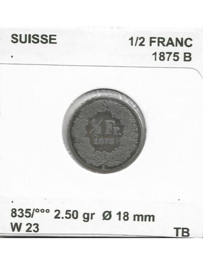 SUISSE 1/2 FRANC 1875 B TB-