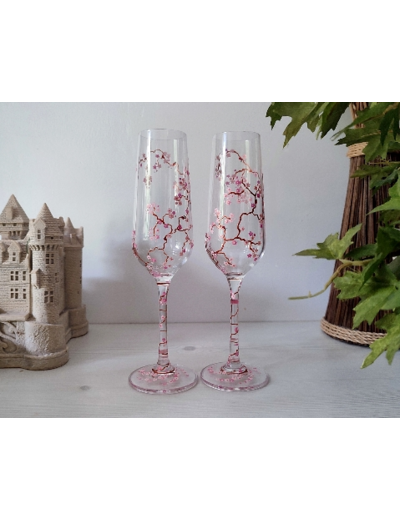 Flûtes à champagne peintes à la main sur le thème des cerisiers du Japon - coloris rose et cuivrés