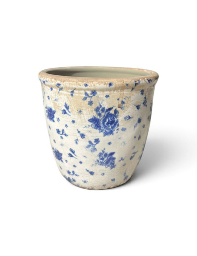 Pot céramique beige bleu motif florale 14x15x15cm