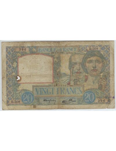 FRANCE 20 FRANCS TRAVAIL ET SCIENCE 06-06-1940 D.508 TB-