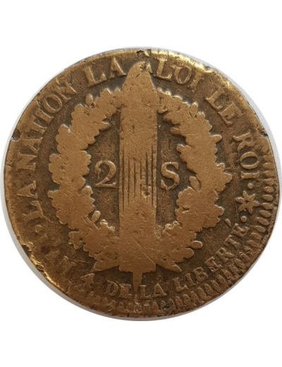 FRANCE LOUIS XVI 2 SOLS FRANÇAIS 1792 BB (Strasbourg) 23gr93 TB-