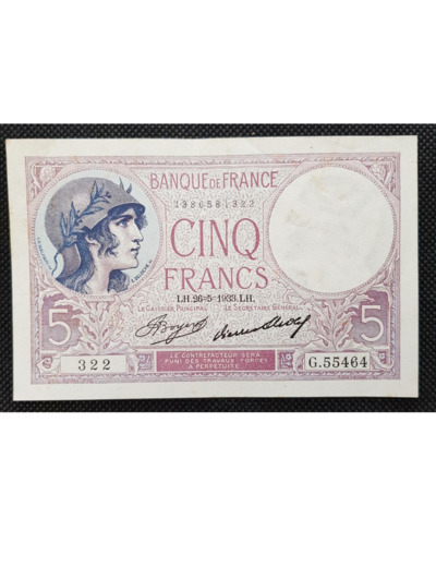 FRANCE 5 FRANCS VIOLET 26-5-1933 G.55464 322 SUP F 03/17