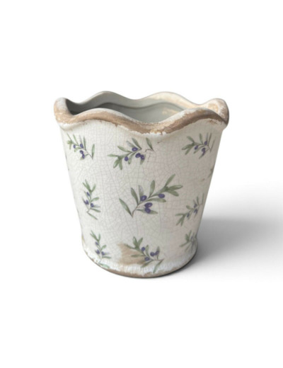 Pot de fleurs céramique beige motif olives 13x12x13cm