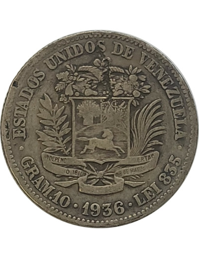 VENEZUELA 2 BOLIVARES ARGENT 1936 TB (KM23)