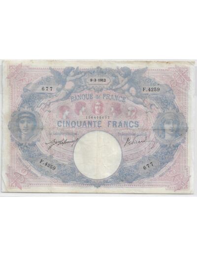 FRANCE 50 FRANCS BLEU ET ROSE SERIE F.4259 9-3-1912 TB+