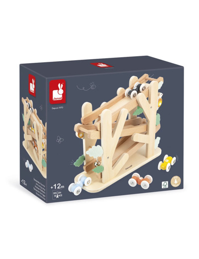 Janod - Descendeur en Bois sur 3 Niveaux- Toboggan des Fourmis avec 4 Voitures Âge - Apprentissage Motricité Fine - Dès 1 an - J04038