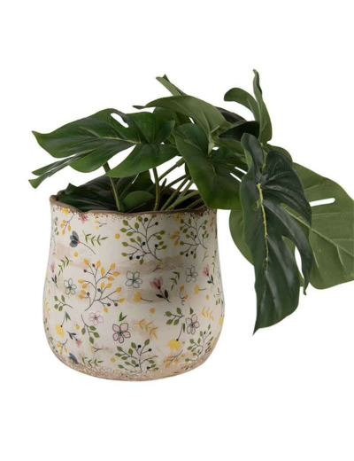 Cache pot fleuri céramique jaune 18x16cm