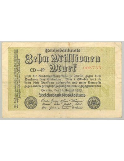 ALLEMAGNE 10 MILLION MARK 22-08-1923 SERIE CD-49 TTB