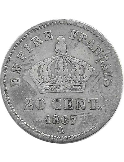 FRANCE 20 CENTIMES NAPOLEON III 1867 A TB+