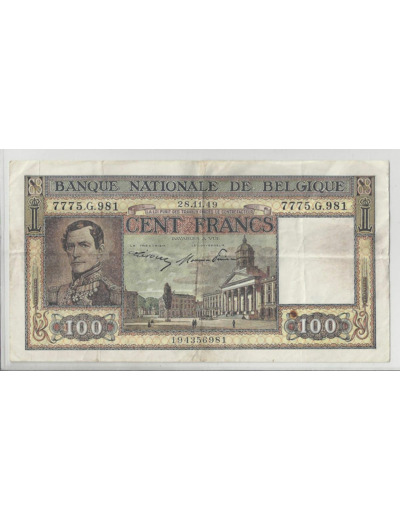 BELGIQUE 100 FRANCS SERIE 7775G981 28 11 1949 TTB