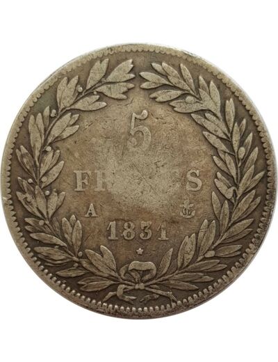 FRANCE 5 FRANCS LOUIS-PHILIPPE I 1831 A (Paris) Tranche en creux B+