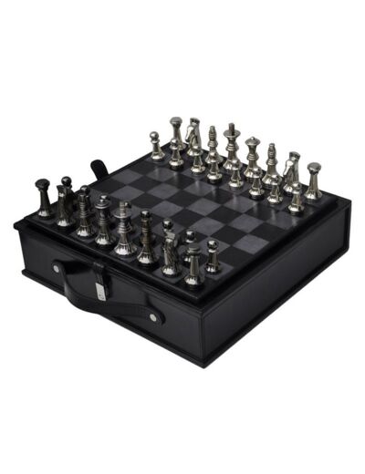 Jeu d'échecs cuir noir/gris pièces en nickel 33x33x8cm