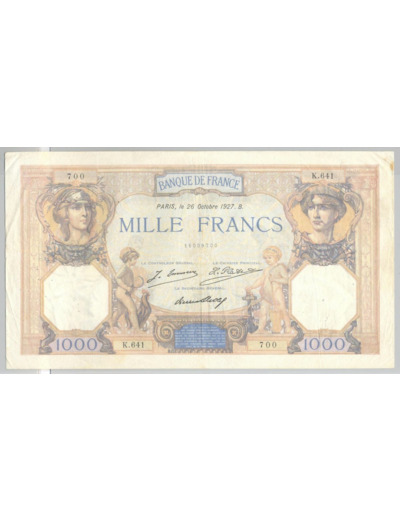 FRANCE 1000 FRANCS CERES ET MERCURE SERIE K.641 26 octobre 1927 TB+