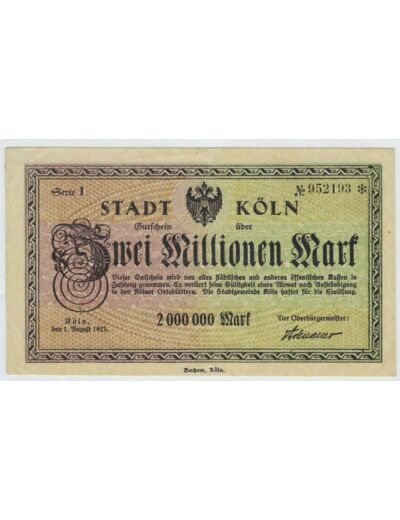 ALLEMAGNE ( KOLN ) 2 MILLION MARK SERIE I 01-08-1923 TTB