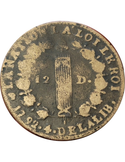 LOUIS XVI 12 DENIERS 1792 AN 4 D (Lyon) B+ Métal de cloche (G15)