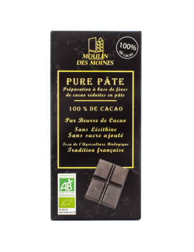 Tablette de Chocolat Pure Pâte 100% de Cacao Bio 100g