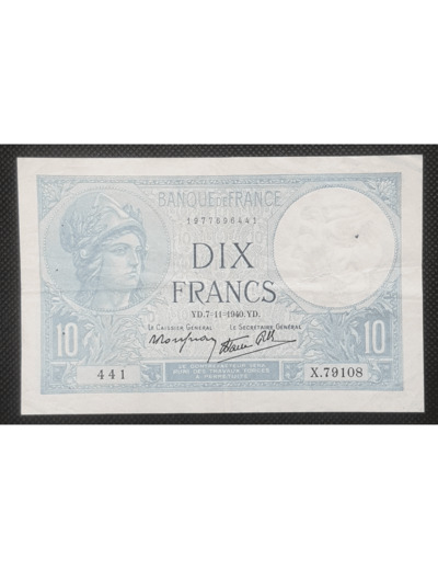 FRANCE 10 FRANCS MINERVE 7-11-1940 SERIE B.79108 TTB F 07/19