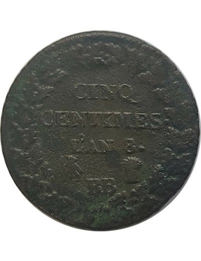 FRANCE 5 CENTIMES DUPRE AN 8 BB (Strasbourg) TB (G126a)