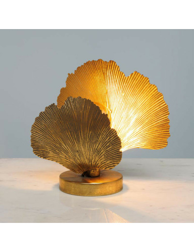 Lampe à Poser décorative 2 Feuilles Ginkgo Fer doré 15x32x33cm