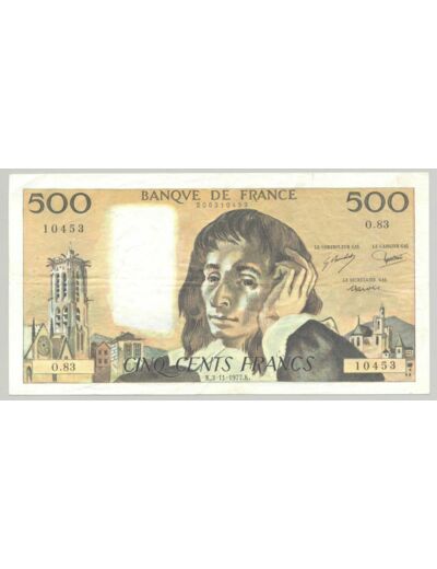 FRANCE 500 FRANCS PASCAL SERIE O.83 3-11-1977 TTB+