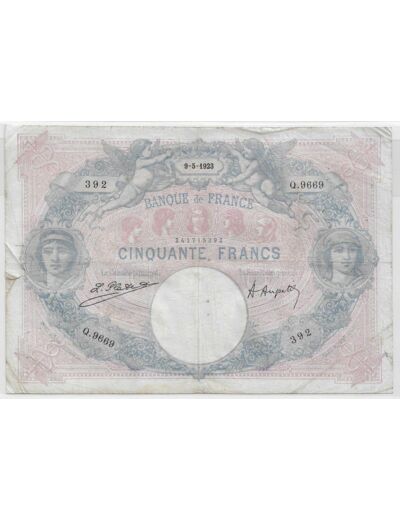 FRANCE 50 FRANCS BLEU ET ROSE SERIE Q.9669 9-5-1923 TB+