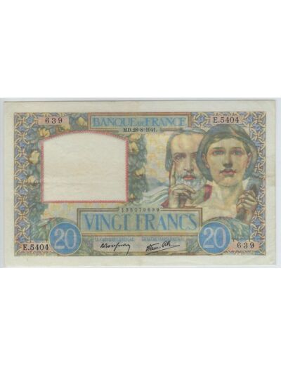 FRANCE 20 FRANCS TRAVAIL ET SCIENCE 28-8-1941 E.5404 TTB+