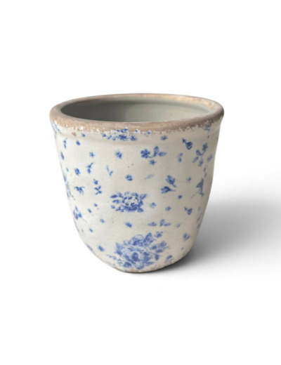 Pot céramique motif floral beige bleu 12x13x13cm