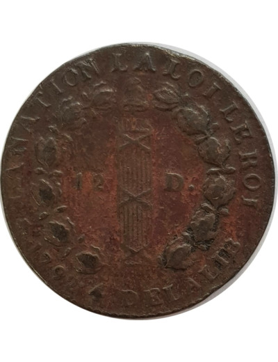 FRANCE 12 DENIERS FRANÇOIS 1792 an 4 D (Lyon) 11gr66 TB+
