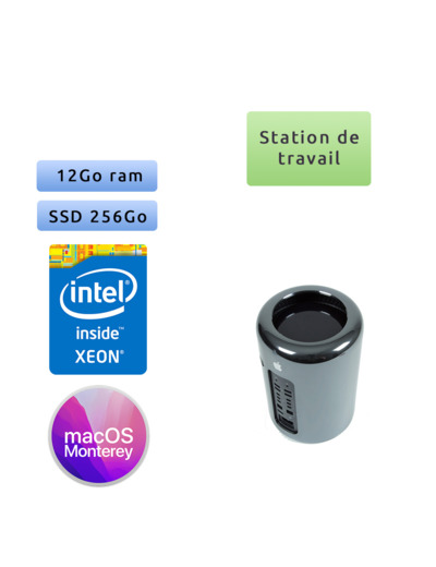 Apple Mac Pro Eight Core Xeon 3.0Ghz A1481 (EMC 2630) 12Go 256Go SSD - D700 - MacPro6,1 - 2013 - Station de Travail