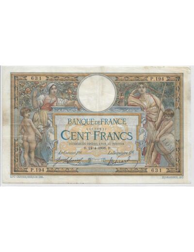 FRANCE 100 FRANCS L.O.M avec LOM SERIE P.194 24-4-1908 TTB-