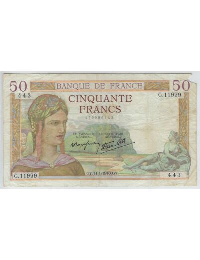 FRANCE 50 FRANCS CERES 11-1-1940 G.11999 TB+ manque