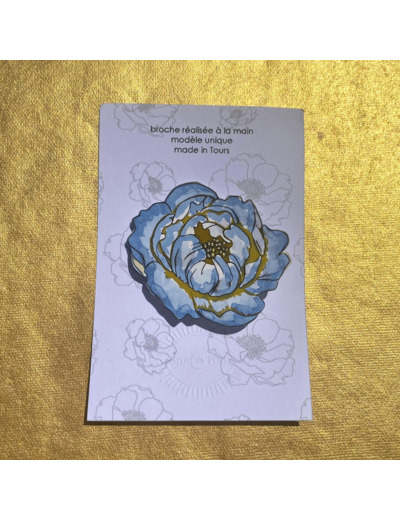 Broche pivoine aquarelle bleue pistils verts