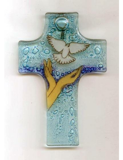 Croix en verre 8x12cm- MAINS + COLOMBE- BLEUE