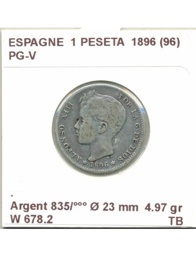 Espagne ( SPAIN ) 1 PESETA 1896 (96)  PG-V TB