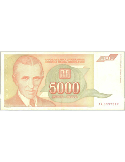 YOUGOSLAVIE 5000 DINARA 1993 SERIE AA TTB