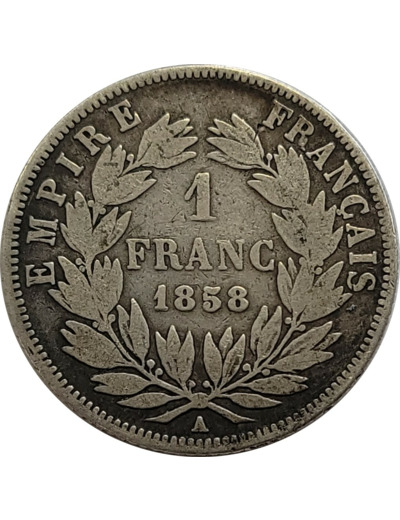 FRANCE 1 FRANC NAPOLEON III tête nue 1858 A (Paris) TB (G460)