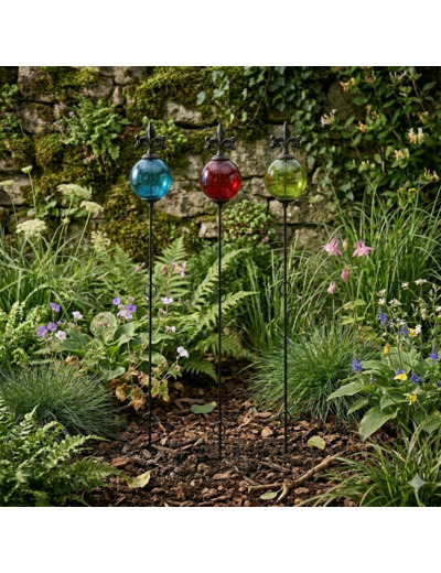 Ensemble 3 grand tuteurs boule fonte fleurs de lys 12x140cm